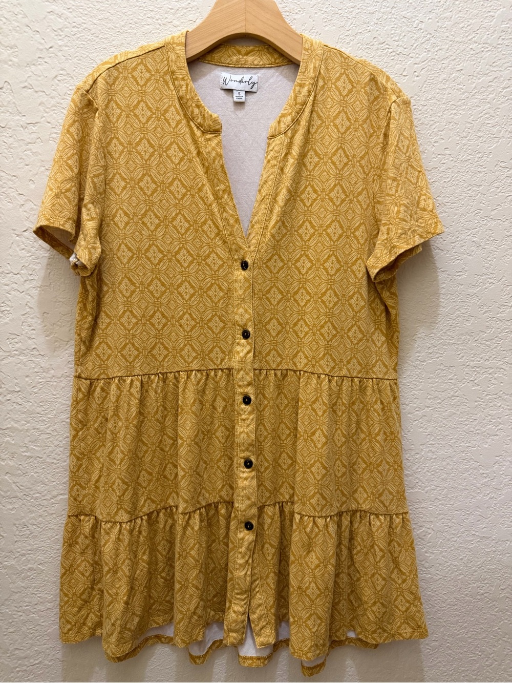 Wonderly Women’s S Mustard Yellow Geometric Diamond Tiered Babydoll Tunic